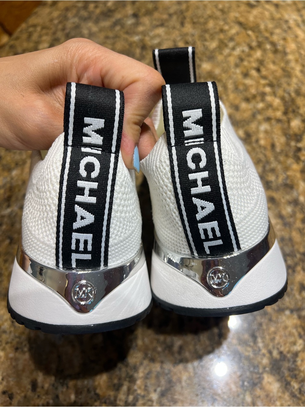 Michael Kors White Slip-On Knit Sneakers with Black Branding - Picture 4 of 9